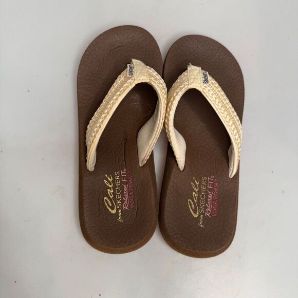 Skechers Cali Asana Women’s US Size 8 Yoga Foam Flip Flops Cream Brown Knit - Picture 14 of 16
